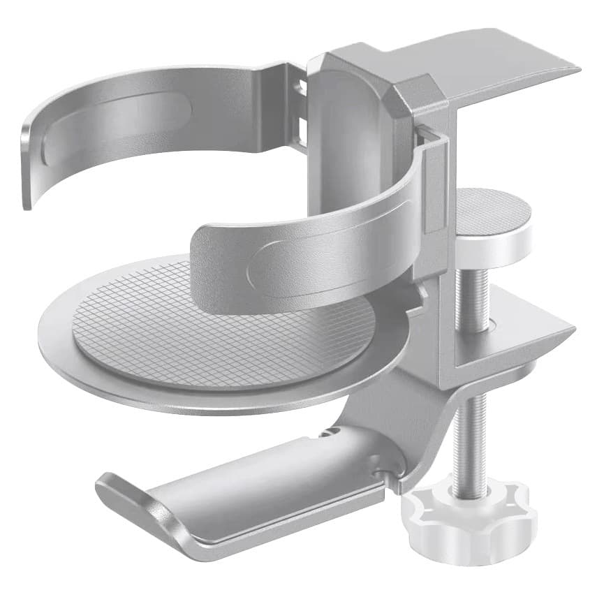Two desktop clip-on cup holders and headphone hanger - adjustable - Silver