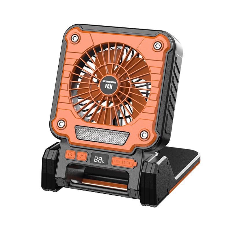 Solar & USB Rechargeable Camping Fan with LED Light - Portable - Orange