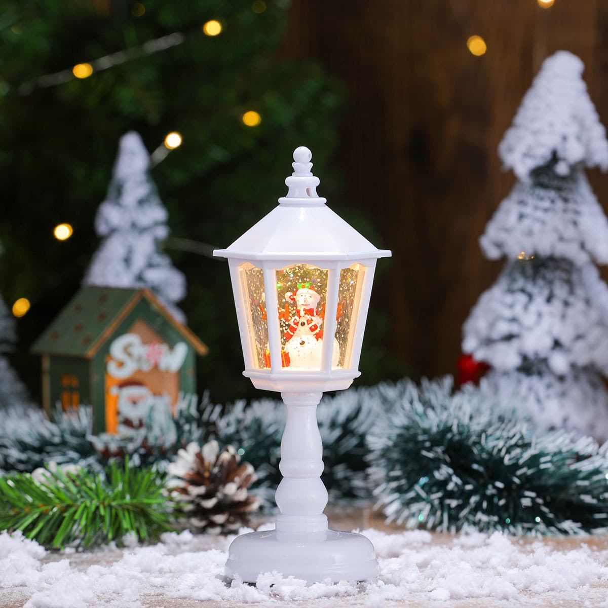 Festive LED Christmas Snow Globe Lantern - Glittering Tabletop - White