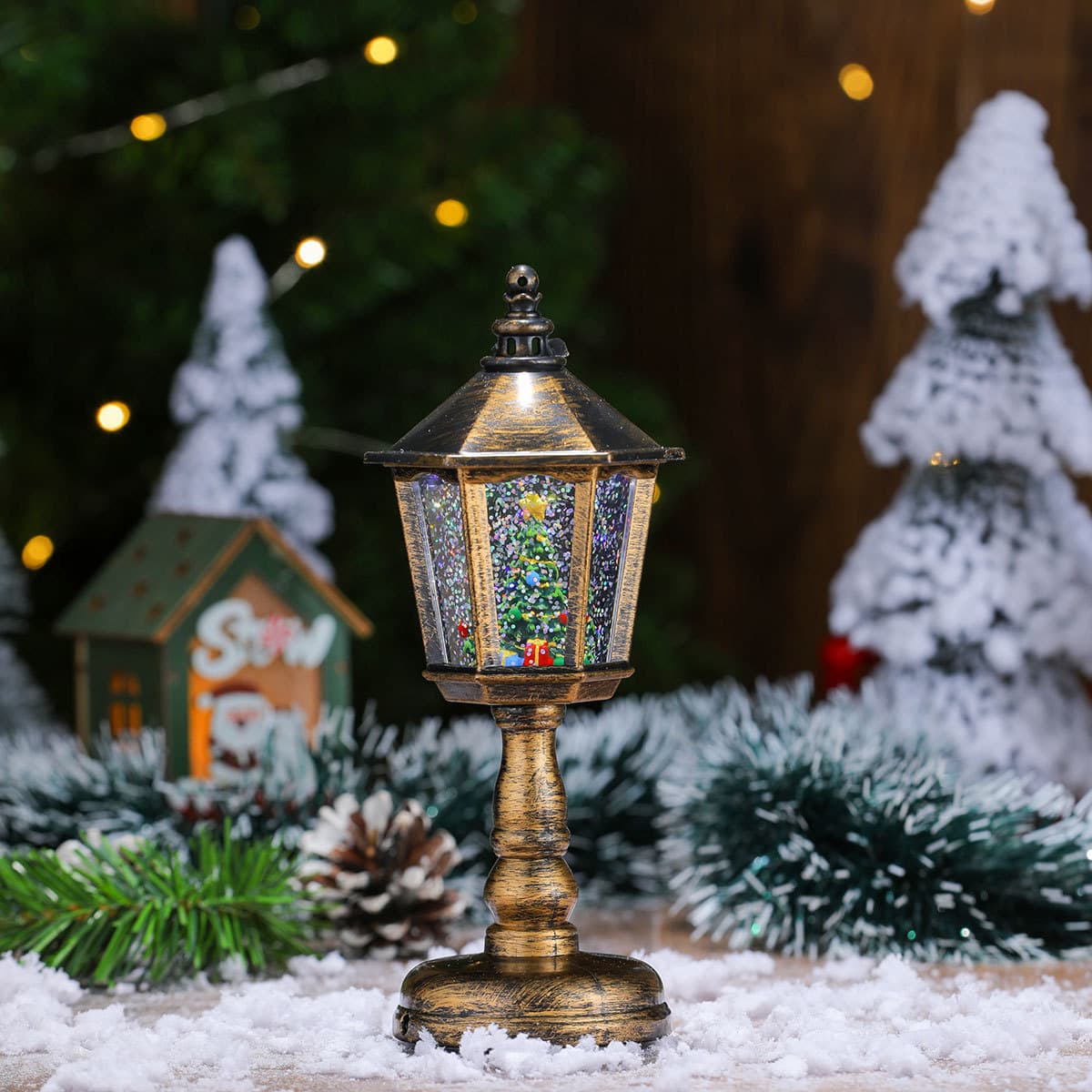 Festive LED Christmas Snow Globe Lantern - Glittering Tabletop - Bronze