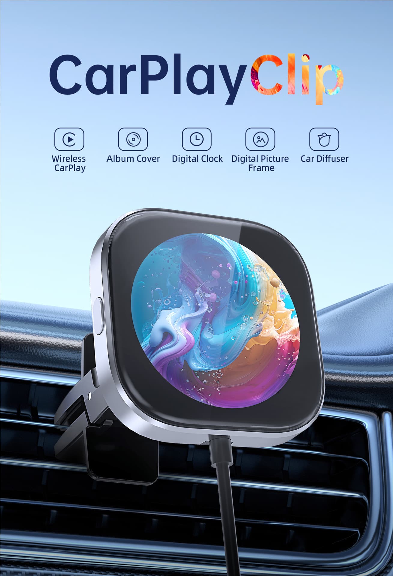 Wireless CarPlay Adapter with 1.6" Multi-Functional Screen, Car - Silver