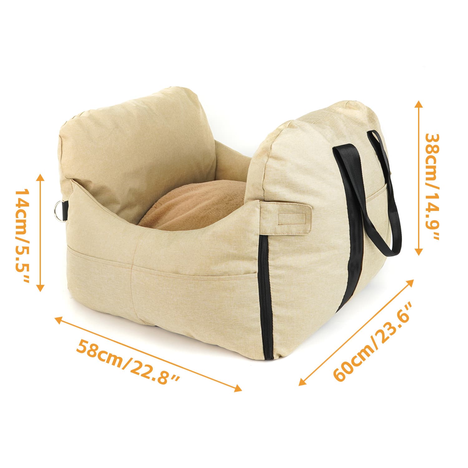 2-in-1 Pet Car Booster Seat & Travel Bed - Removable, Non-Slip - Khaki