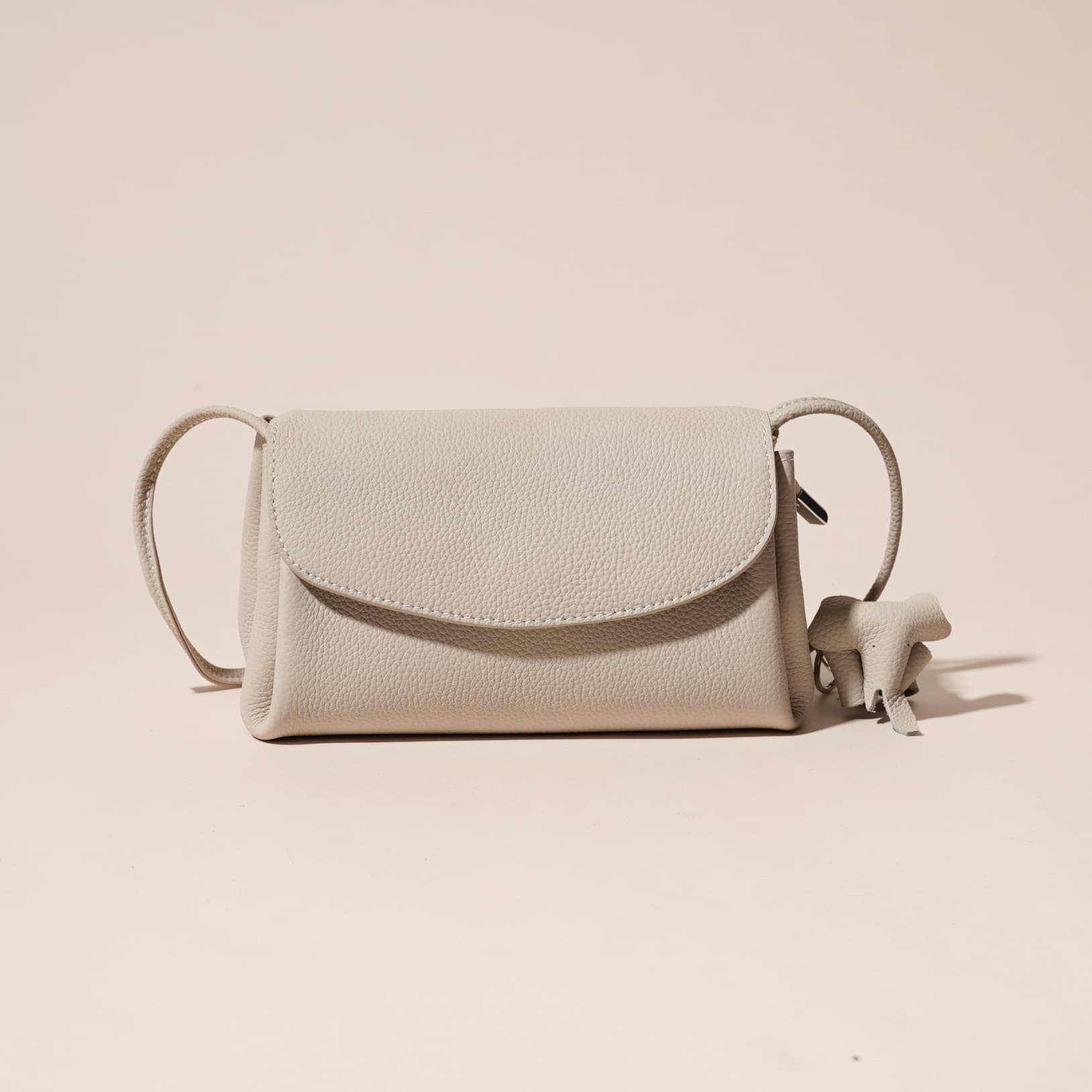 Genuine Leather Flap Crossbody Bag with Elephant Charm - Compact - White