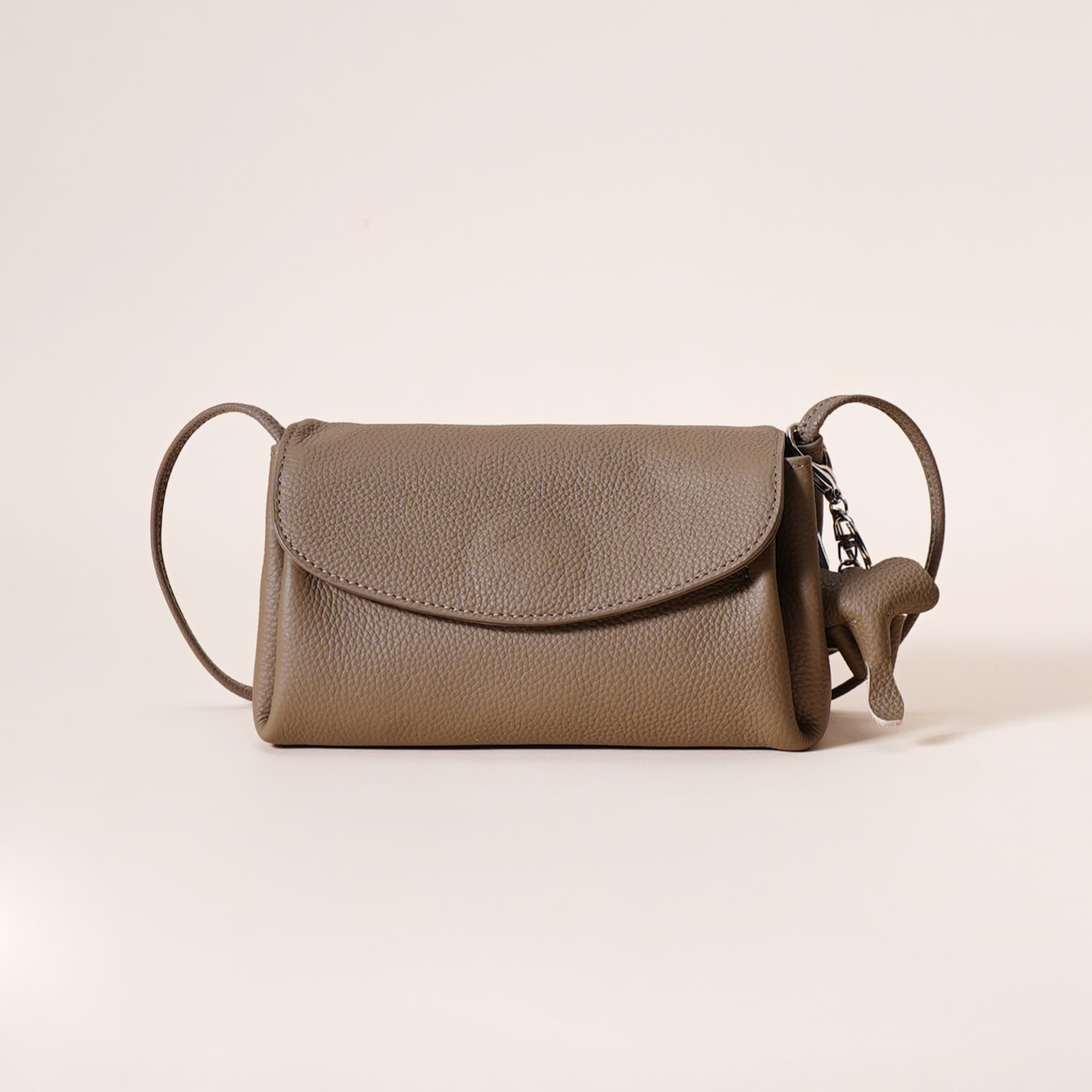Genuine Leather Flap Crossbody Bag with Elephant Charm - Compact - Dark Gray