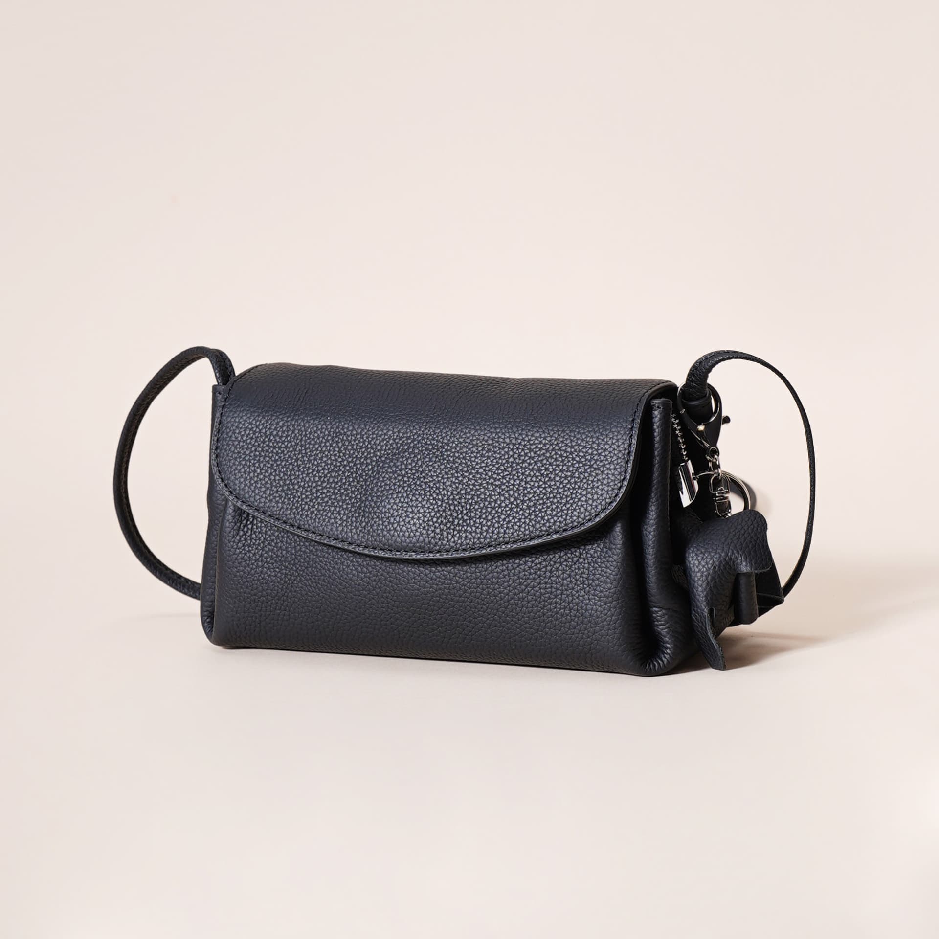 Genuine Leather Flap Crossbody Bag with Elephant Charm - Compact - Black