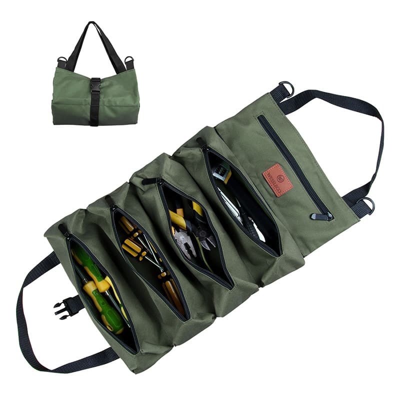 Heavy-Duty Canvas Tool Roll Up Bag & Organizer Tote - Multi-Pocket - Green
