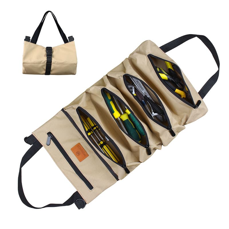 Heavy-Duty Canvas Tool Roll Up Bag & Organizer Tote - Multi-Pocket - Khaki