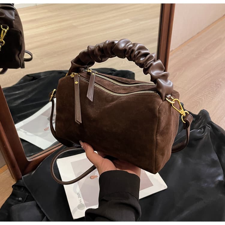 Coffee Ruched Handle Crossbody Bag - Women's Faux Suede Top Handle Handbag