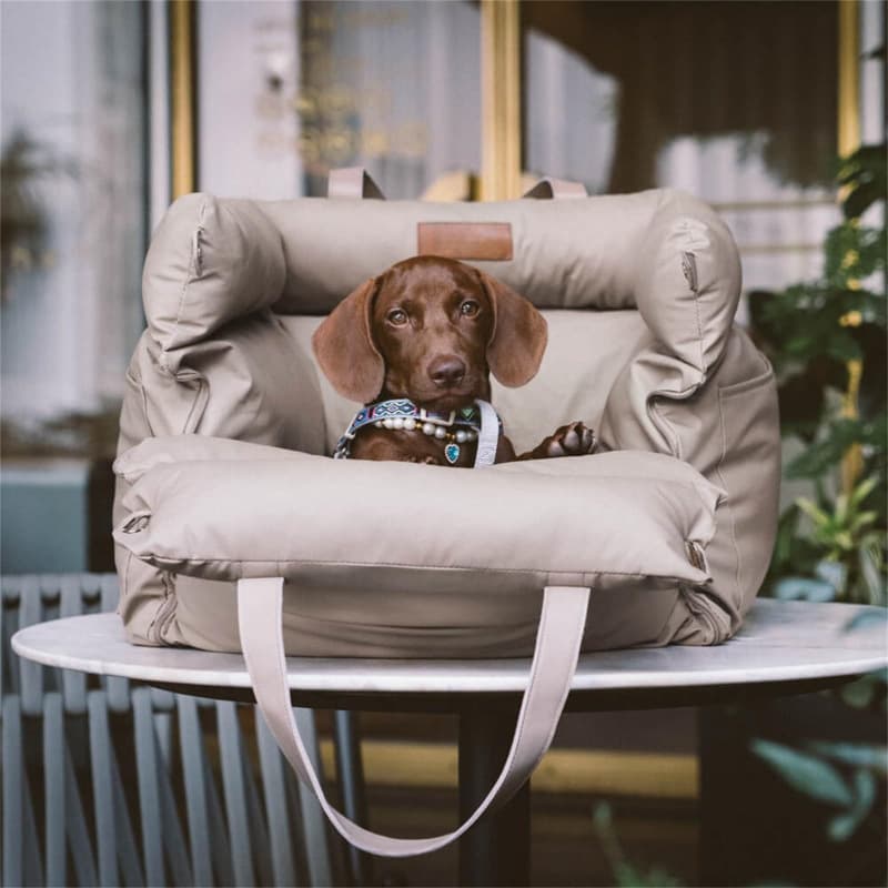 Grey Plush Pet Booster Car Seat - Portable Dog Travel Bed with Non-Slip Base