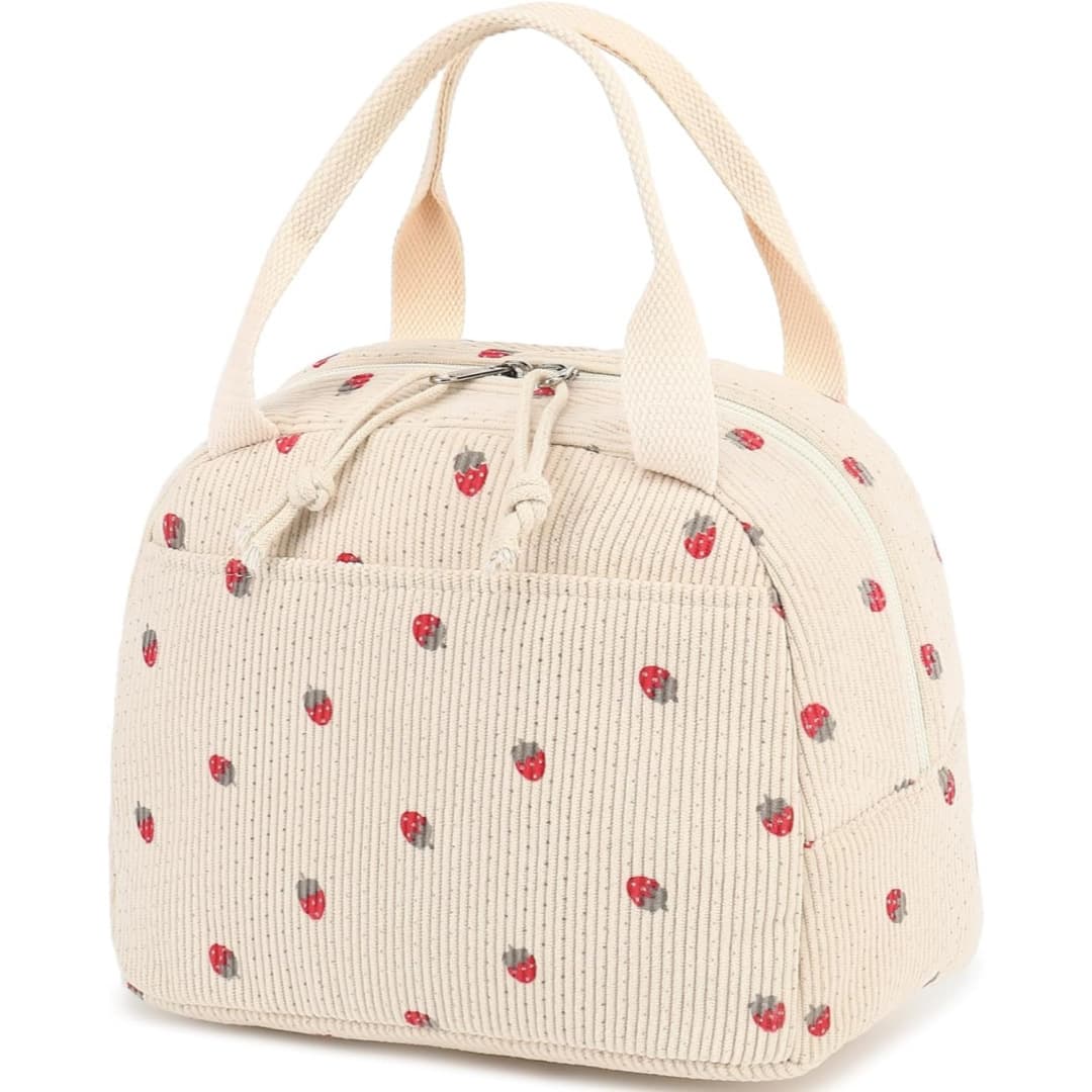 Beige Strawberry Pattern Corduroy Lunch Bag - Insulated Thermal Cooler Tote