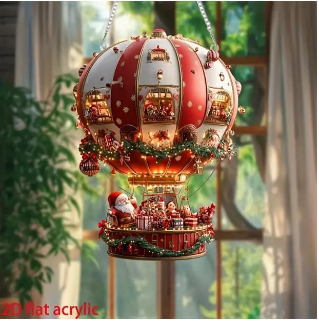 Red Whimsical Santa's Hot Air Balloon Ornament - 2D Flat Acrylic Hanging