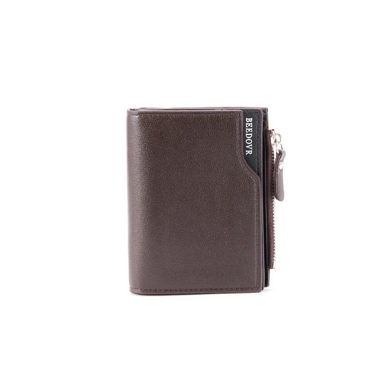 Brown Men's Slim Vertical Bifold Wallet - PU Leather Card Holder with Zipper