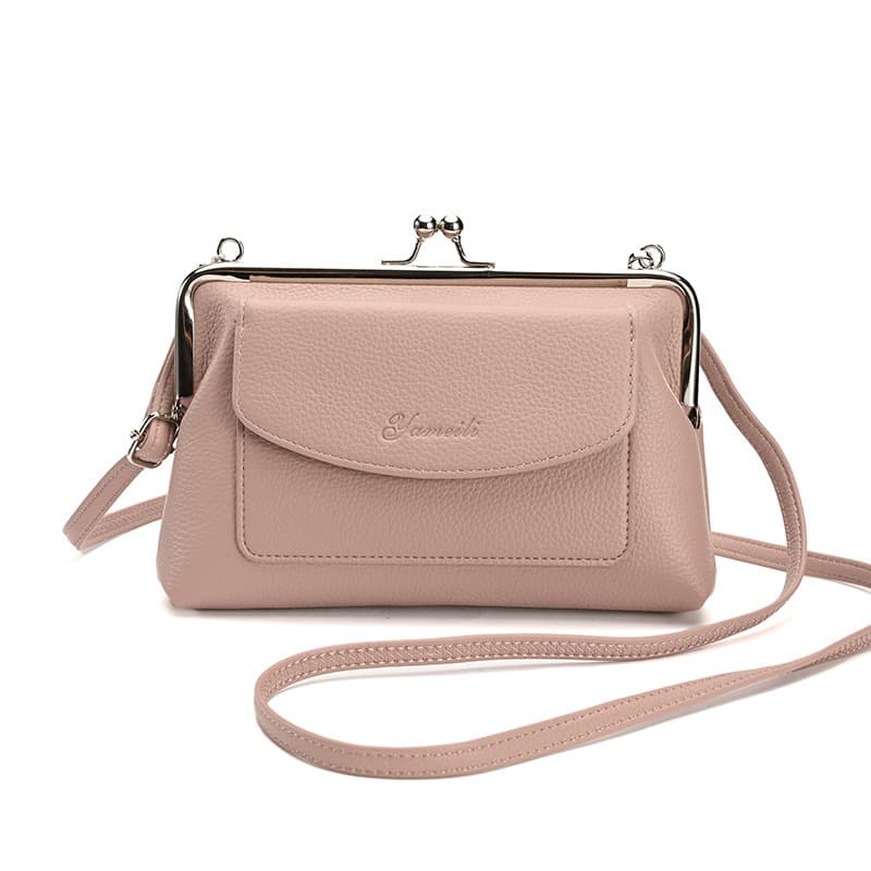 Pink Women's Vintage Kiss Lock Crossbody Bag - PU Leather Clutch Purse