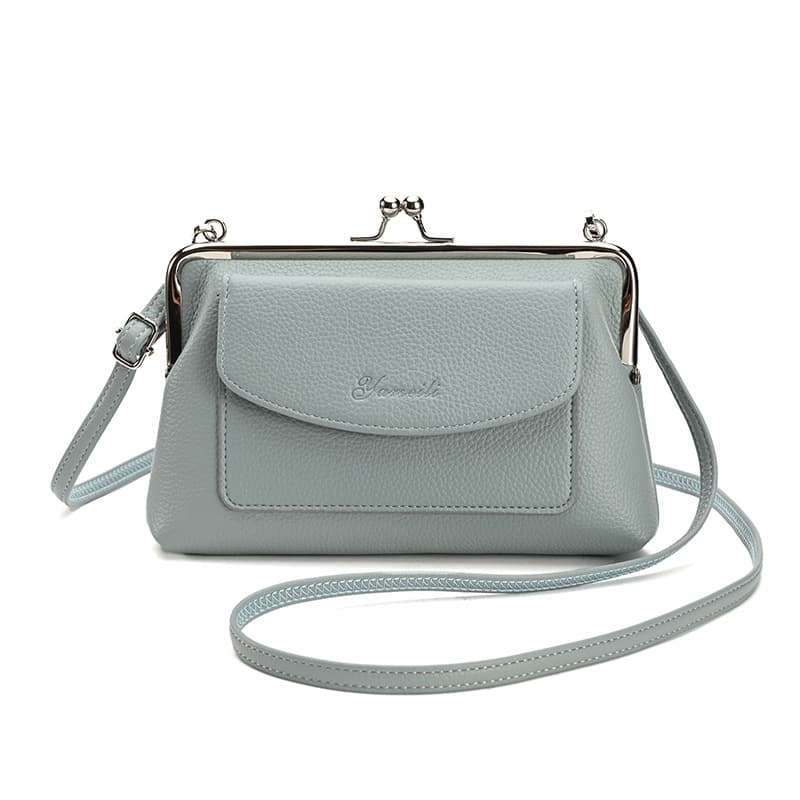 Blue Women's Vintage Kiss Lock Crossbody Bag - PU Leather Clutch Purse