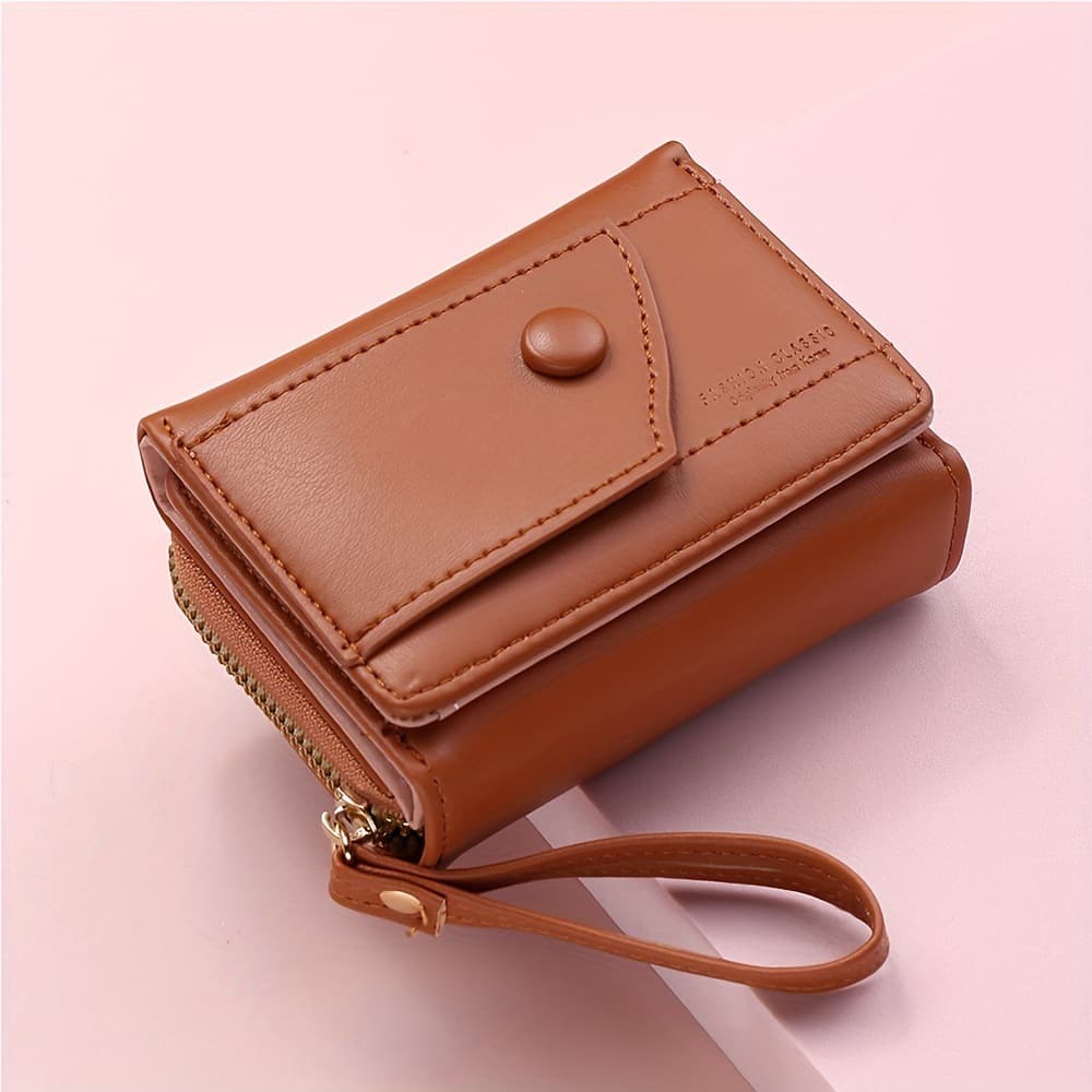 Brown Compact Trifold Wallet for Women - PU Leather Card Holder with Zipper