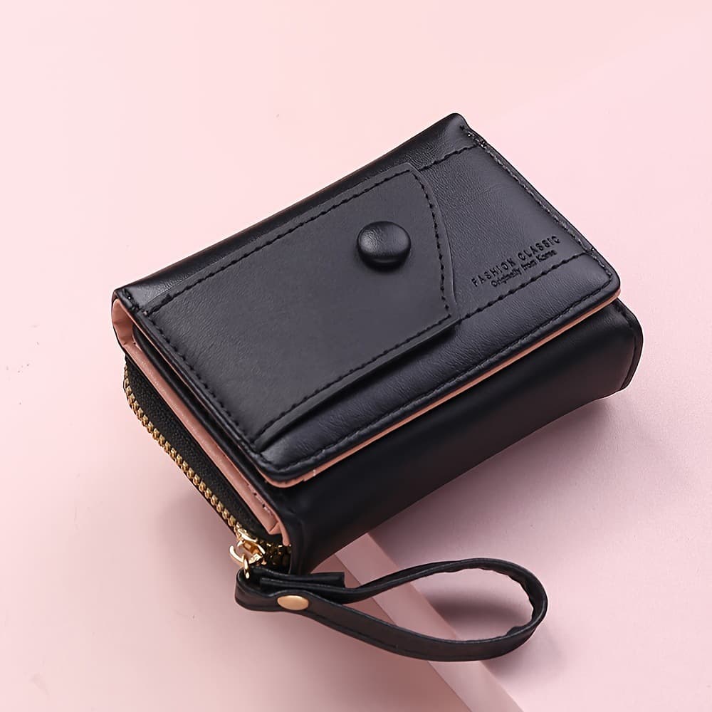 Black Compact Trifold Wallet for Women - PU Leather Card Holder with Zipper