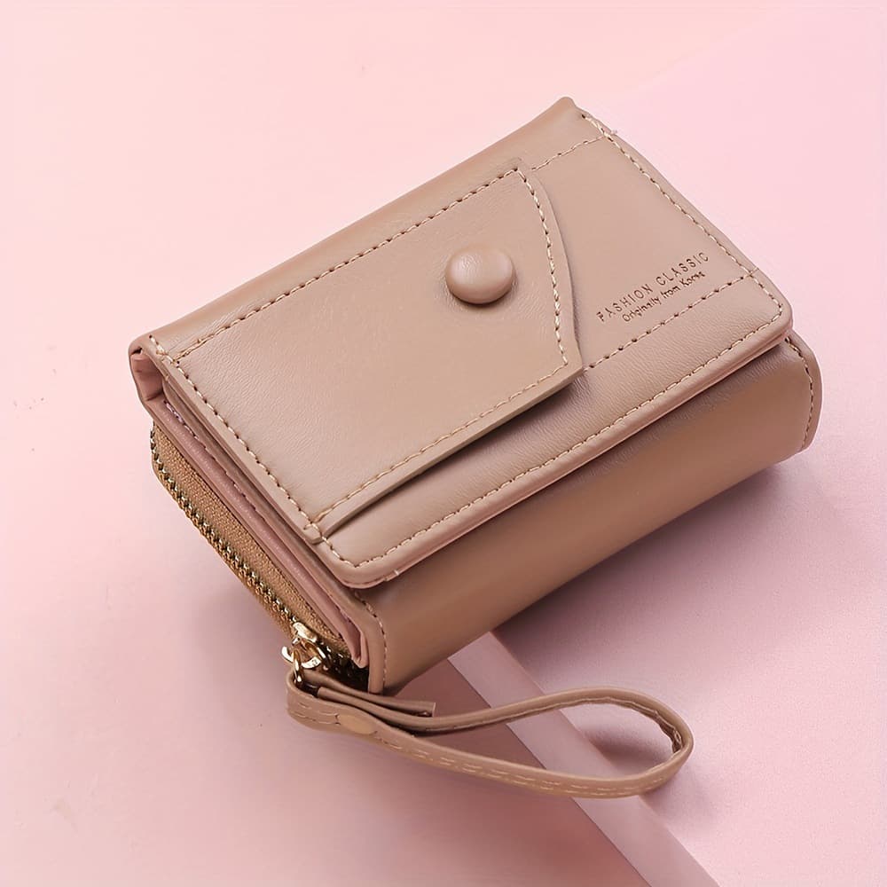 Khaki Compact Trifold Wallet for Women - PU Leather Card Holder with Zipper