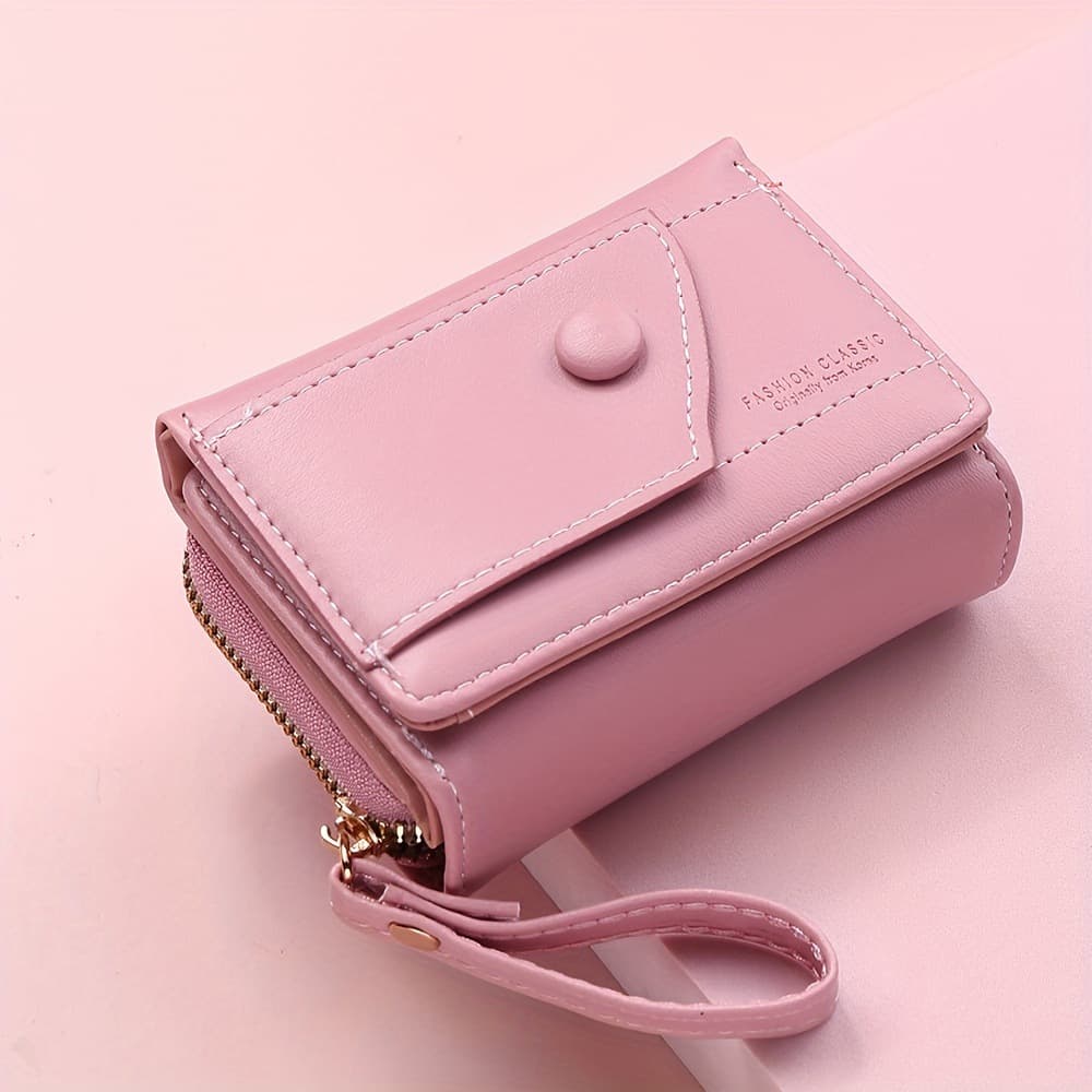 Pink Compact Trifold Wallet for Women - PU Leather Card Holder with Zipper