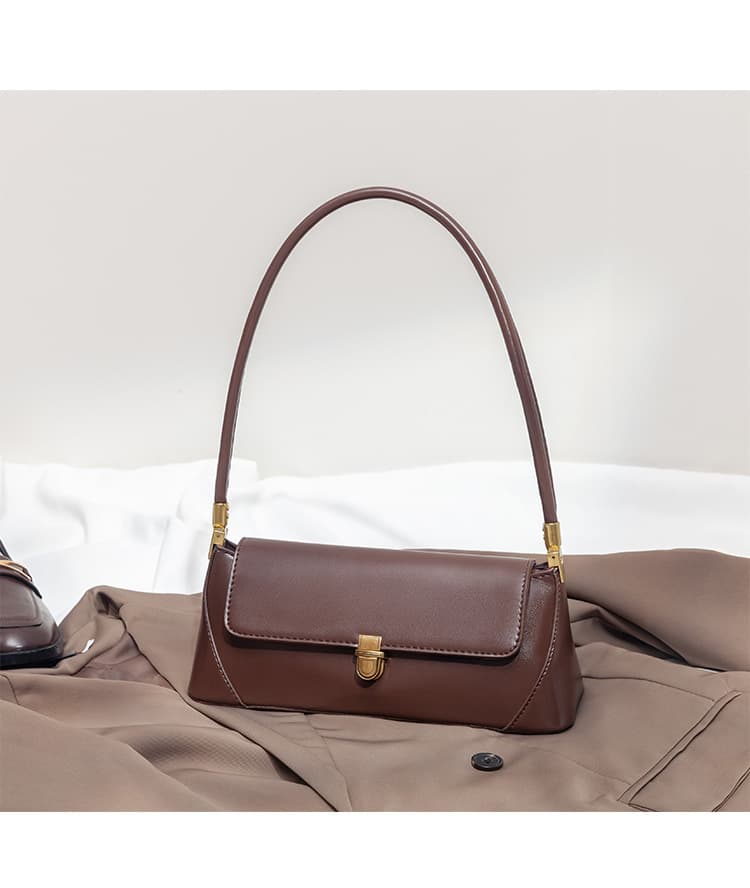Brown Vintage Baguette Shoulder Bag - PU Leather Underarm Purse with Gold