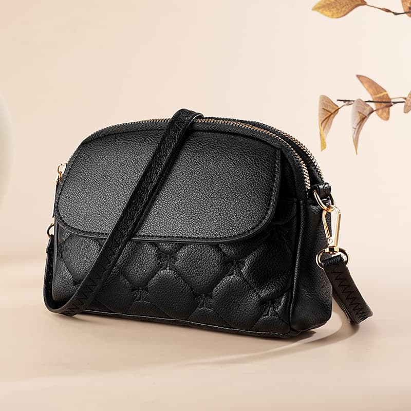 Black Quilted Crossbody Bag - Multi-Compartment PU Leather Shoulder Purse