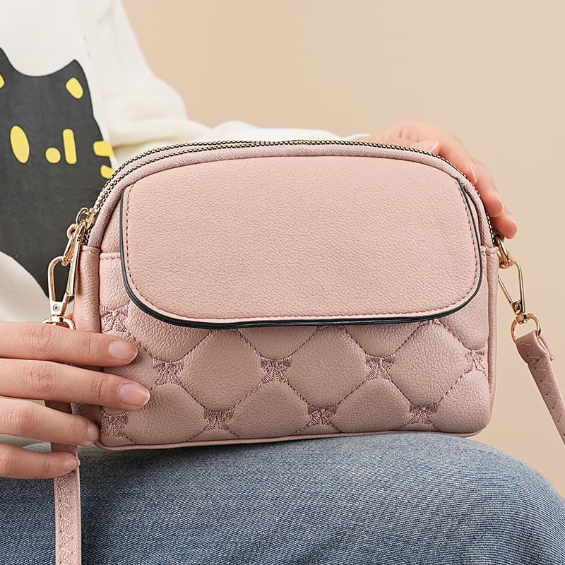 Pink Quilted Crossbody Bag - Multi-Compartment PU Leather Shoulder Purse