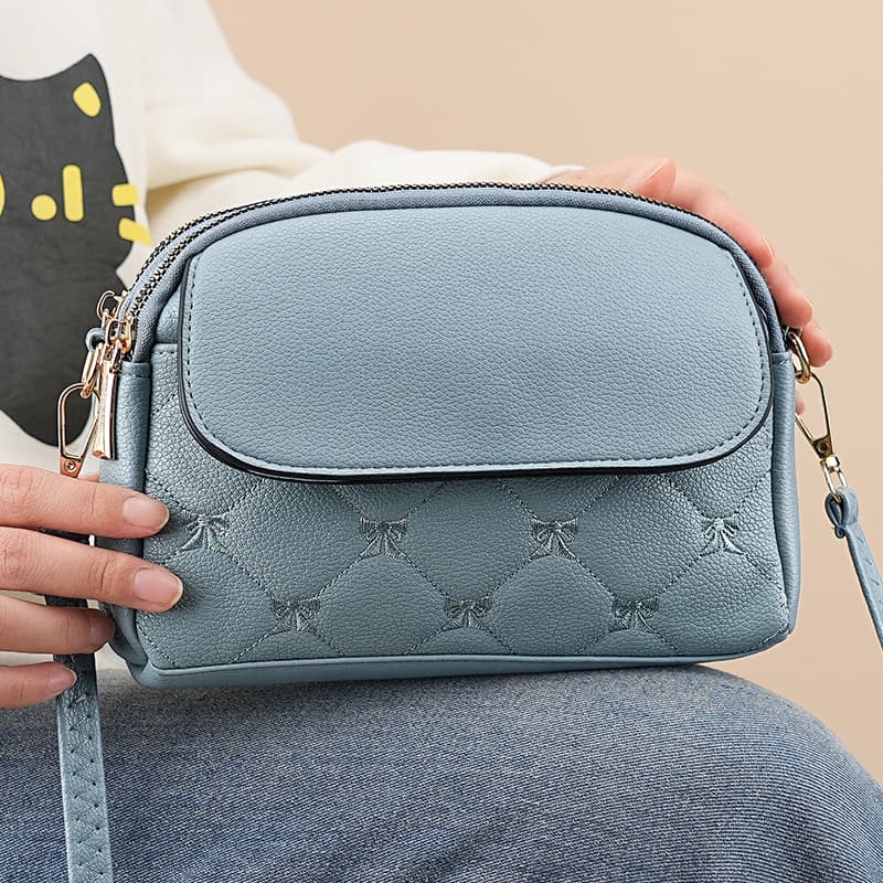 Blue Quilted Crossbody Bag - Multi-Compartment PU Leather Shoulder Purse