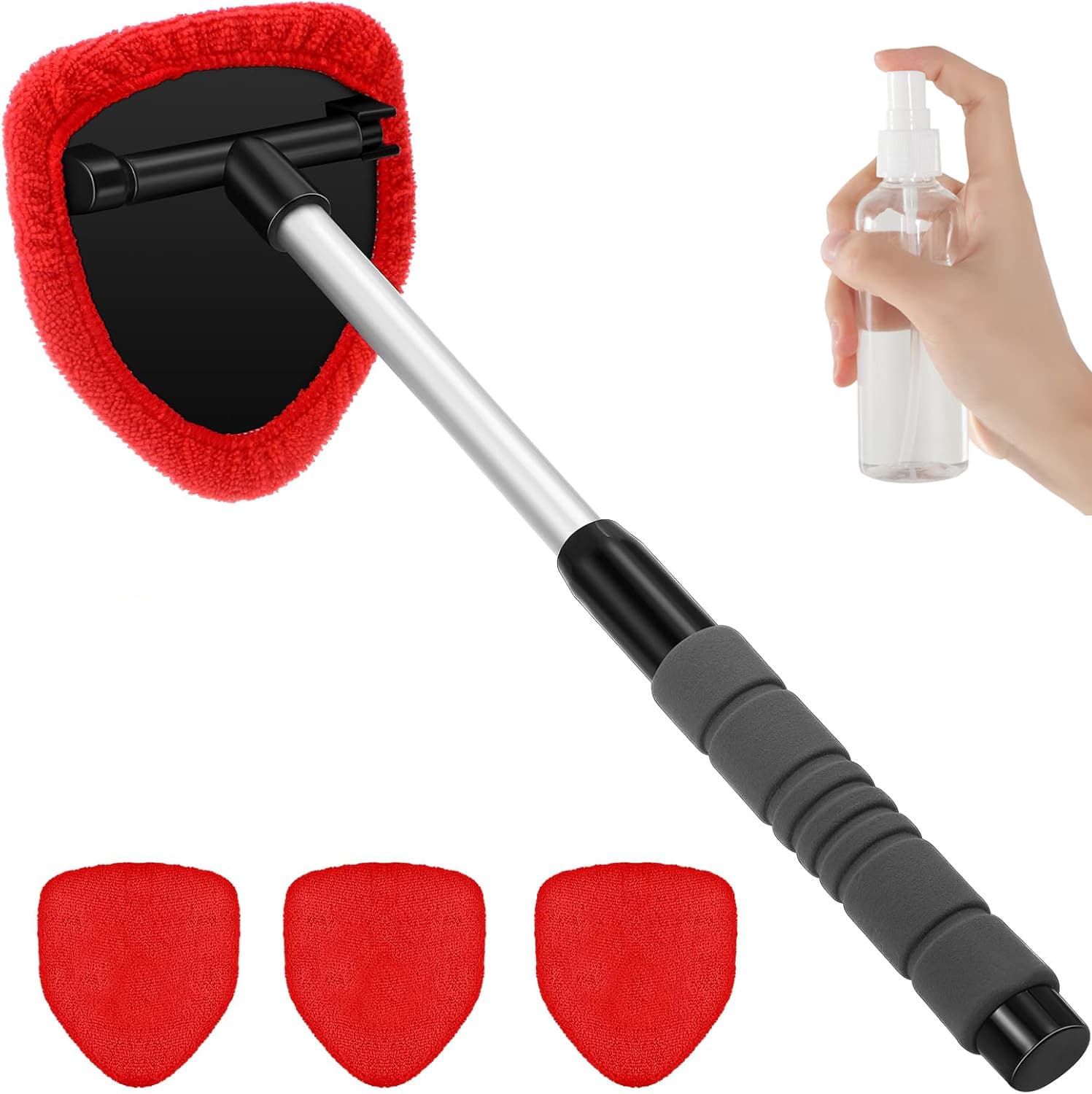 Red Car Windshield Cleaner Tool, Inside with 4 Reusable - Red Extendable