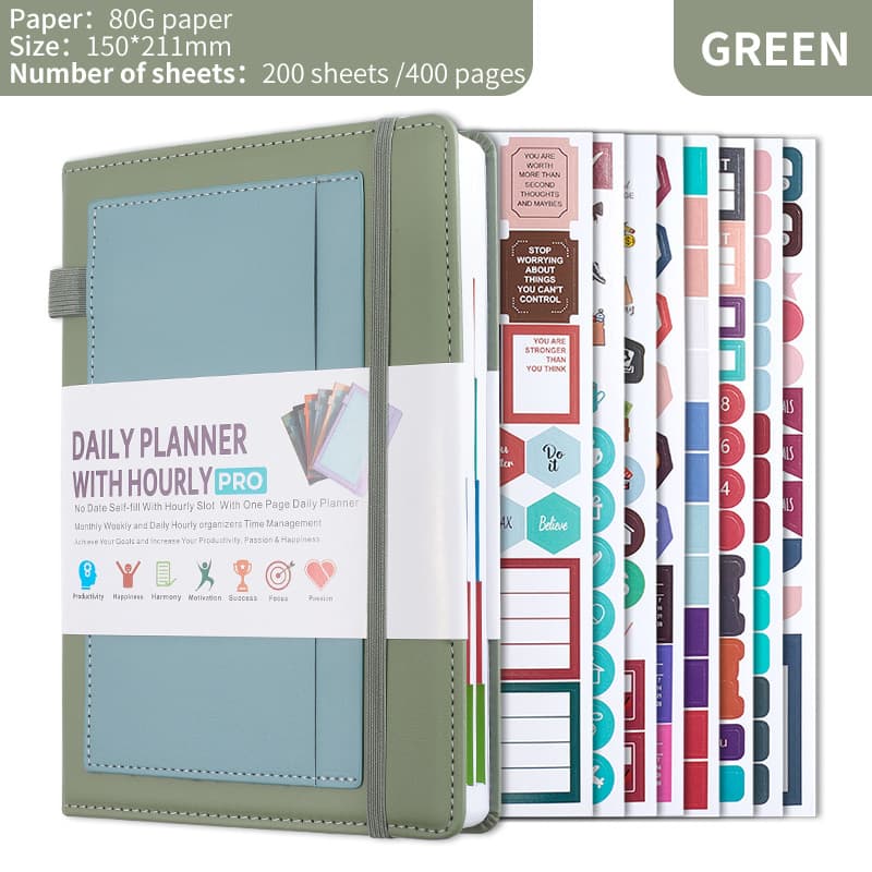 Green A5 PU Leather Agenda for Productivity & Time Management-Undated Daily