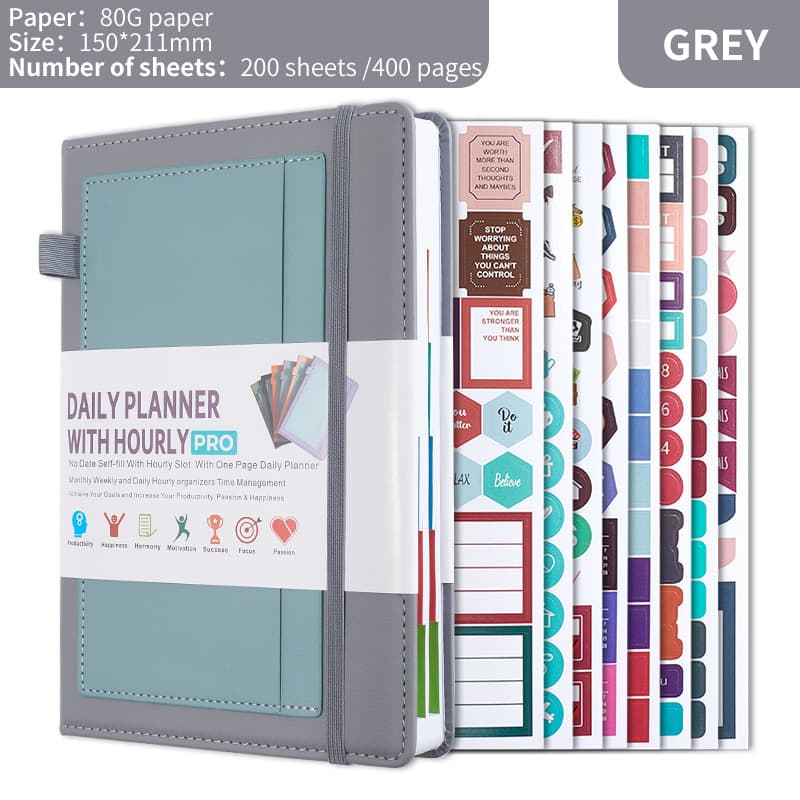 Grey A5 PU Leather Agenda for Productivity & Time Management-Undated Daily