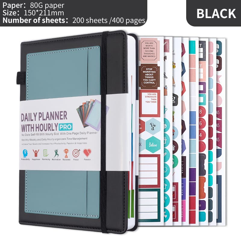 Black A5 PU Leather Agenda for Productivity & Time Management-Undated Daily
