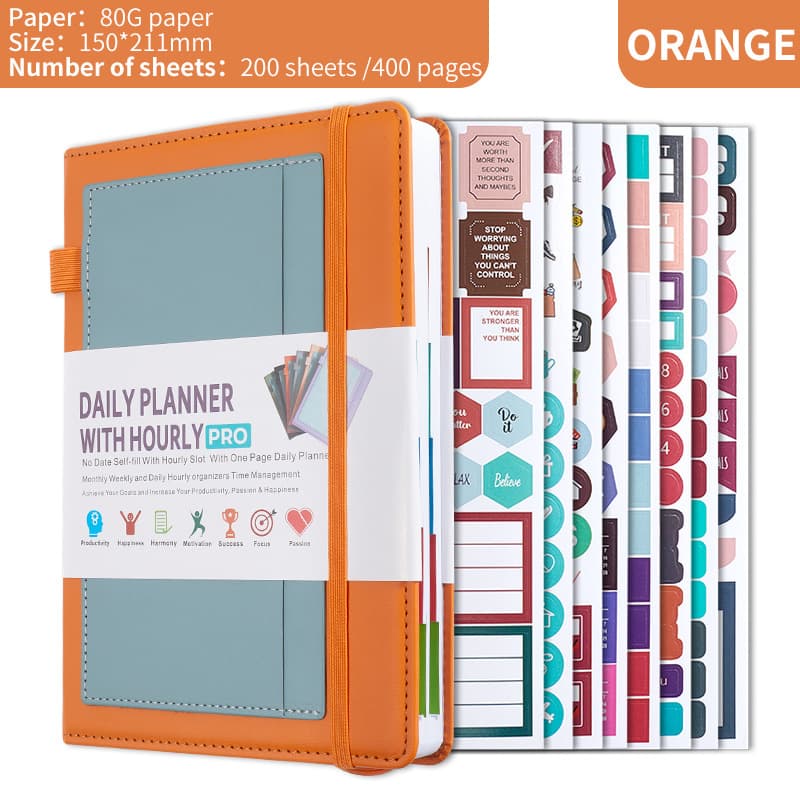 Orange A5 PU Leather Agenda for Productivity & Time Management-Undated Daily