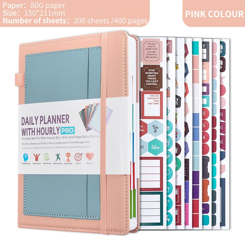 Pink A5 PU Leather Agenda for Productivity & Time Management-Undated Daily