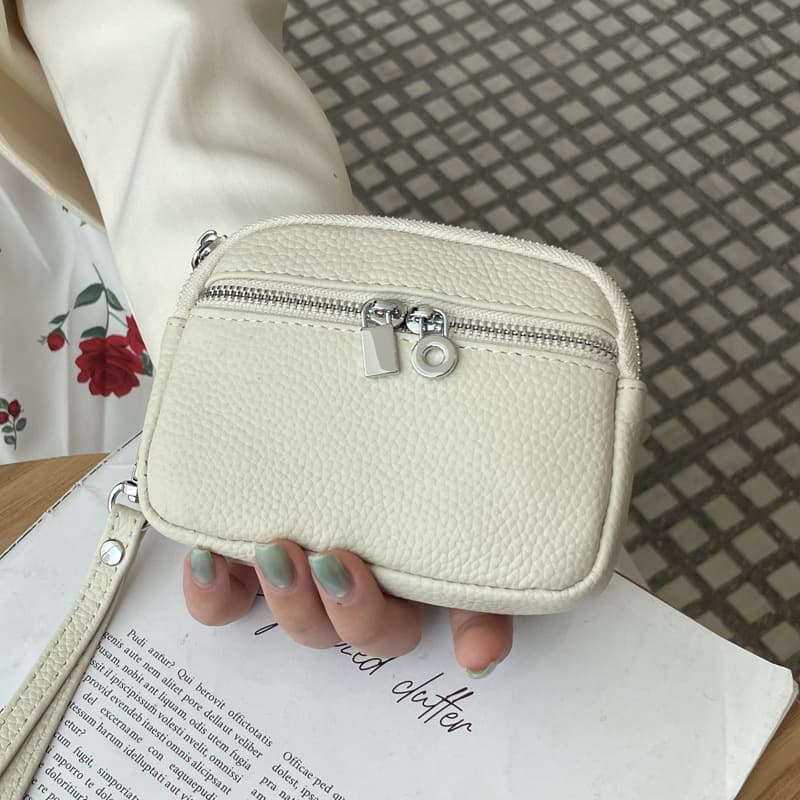 Beige Women's Mini Genuine Leather Coin Purse Double Zipper Organiser