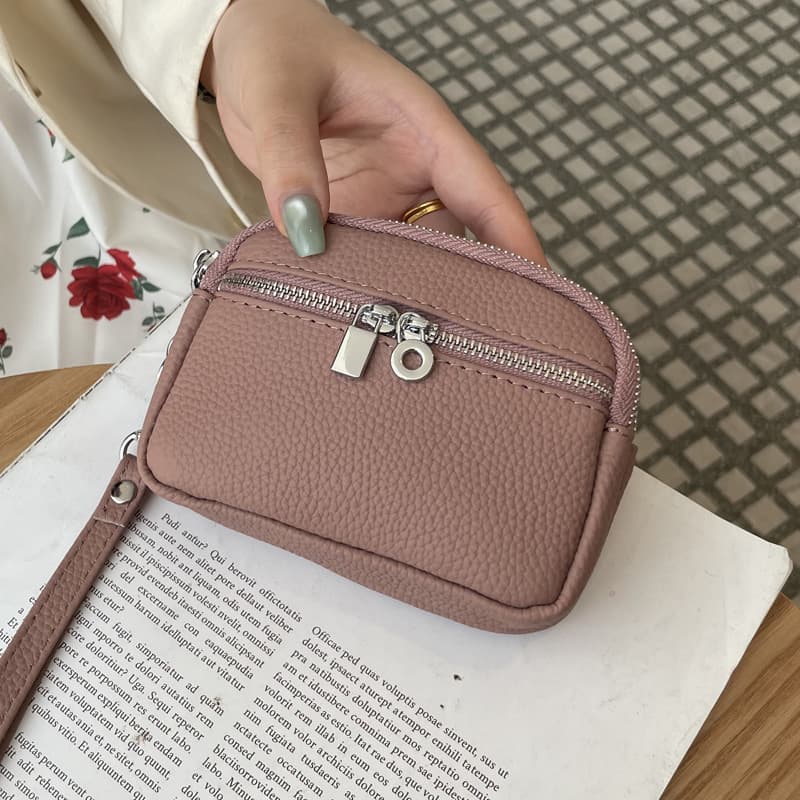 Dark Pink Women's Mini Genuine Leather Coin Purse Double Zipper Organiser