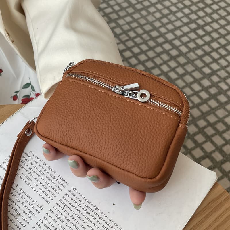 Brown Women's Mini Genuine Leather Coin Purse Double Zipper Organiser