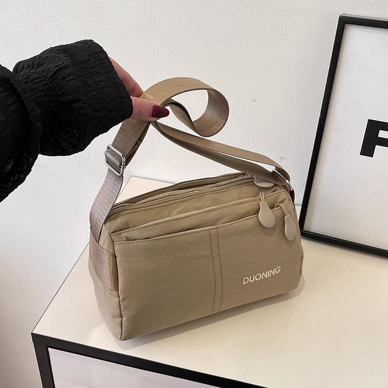 Khaki Women's Lightweight Nylon Crossbody Bag - Multi-Layer Shoulder Purse