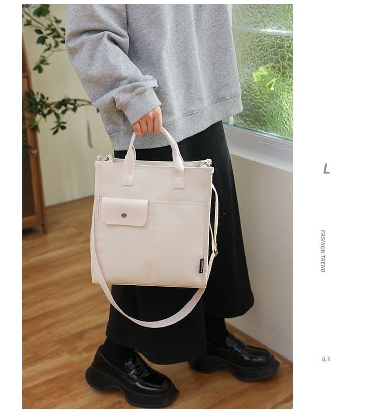 White Unisex Canvas Tote Bag - Structured Vertical Shoulder Satchel