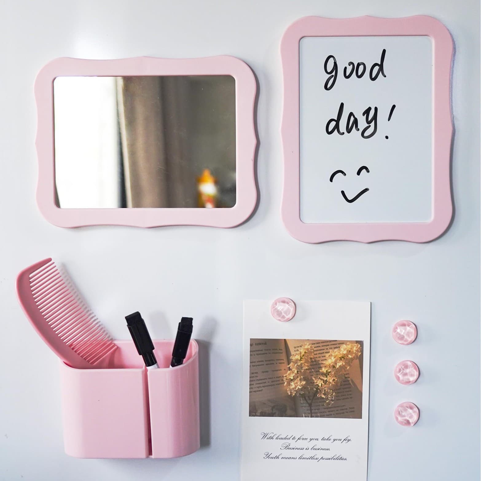 10-Piece Pink Magnetic Locker Organiser Set - Mirror, Whiteboard, Storage