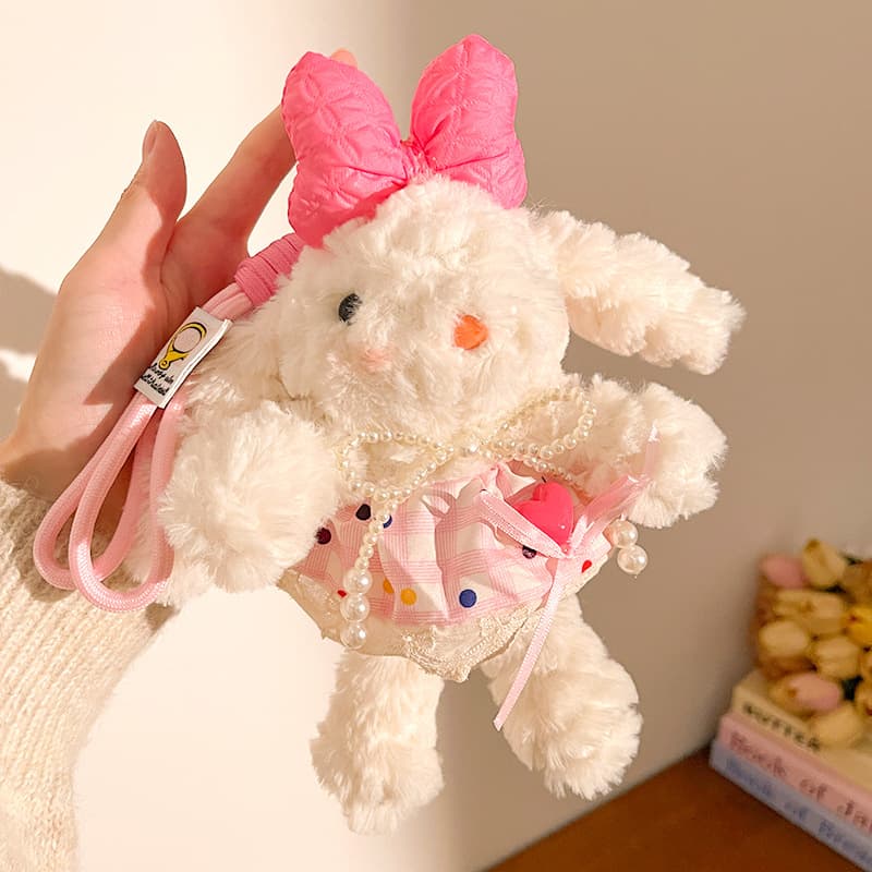 Pink Floppy Eared Bunny Plush Doll with Pearl Necklace and Ribbon - F-4975