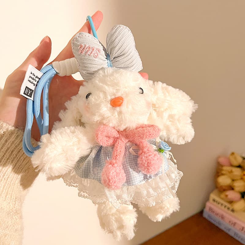 Blue and Pink Floppy Eared Bunny Plush Doll with Pearl Necklace - F-4976