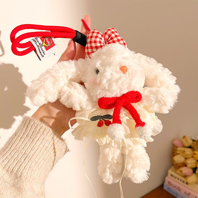 Red Floppy Eared Bunny Plush Doll with Pearl Necklace and Ribbon - F-4977