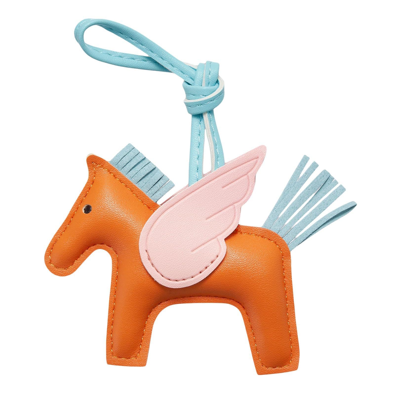 Orange PU Leather Pegasus Keychain - Flying Horse Pendant with Wings