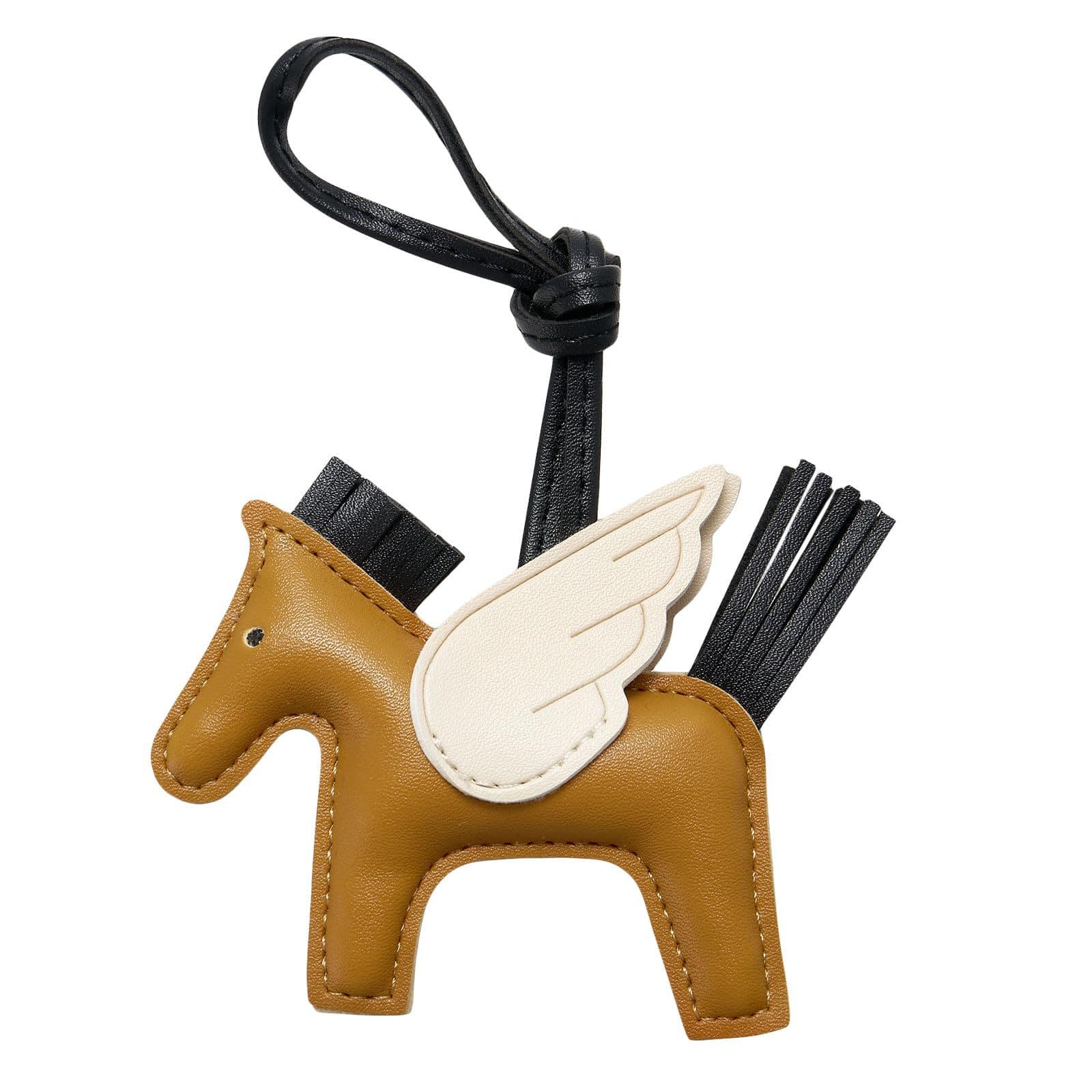 Brown PU Leather Pegasus Keychain - Flying Horse Pendant with Wings