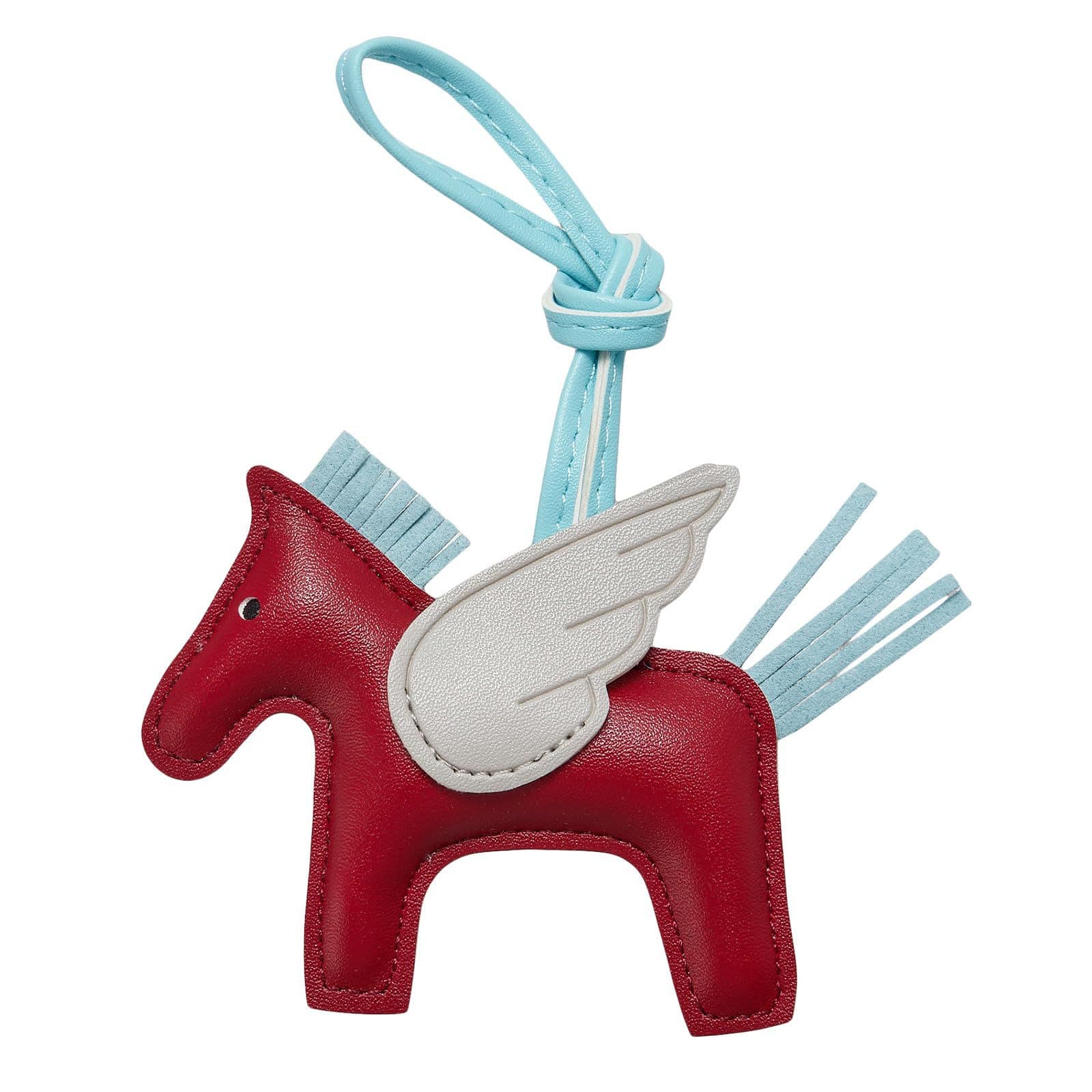 Red PU Leather Pegasus Keychain - Flying Horse Pendant with Wings and Rope
