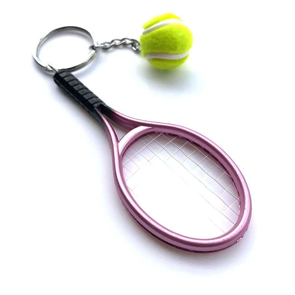 Pink Simulation Tennis Racket Keychain - Mini Tennis Racket and Ball
