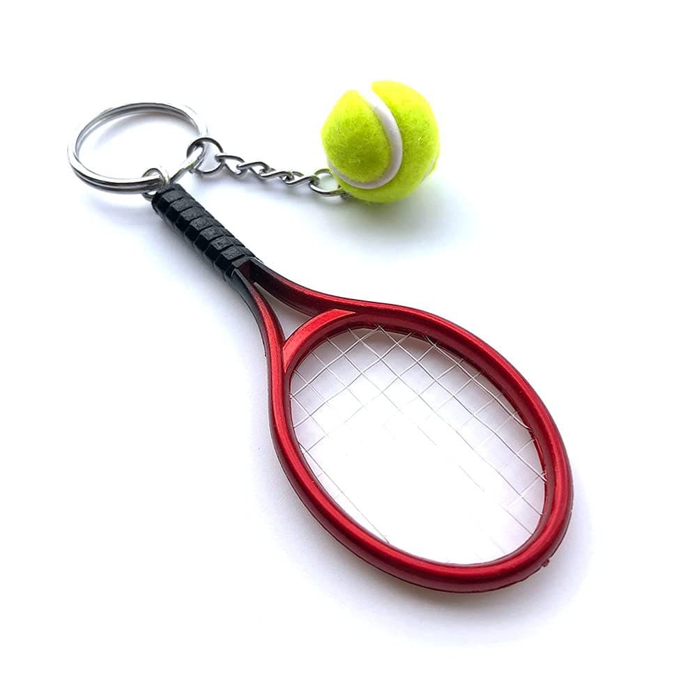 Red Simulation Tennis Racket Keychain - Mini Tennis Racket and Ball Pendant