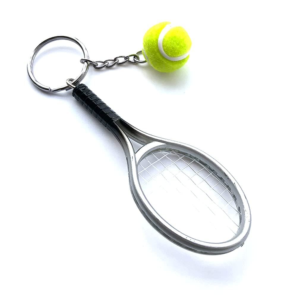 Grey Simulation Tennis Racket Keychain - Mini Tennis Racket and Ball