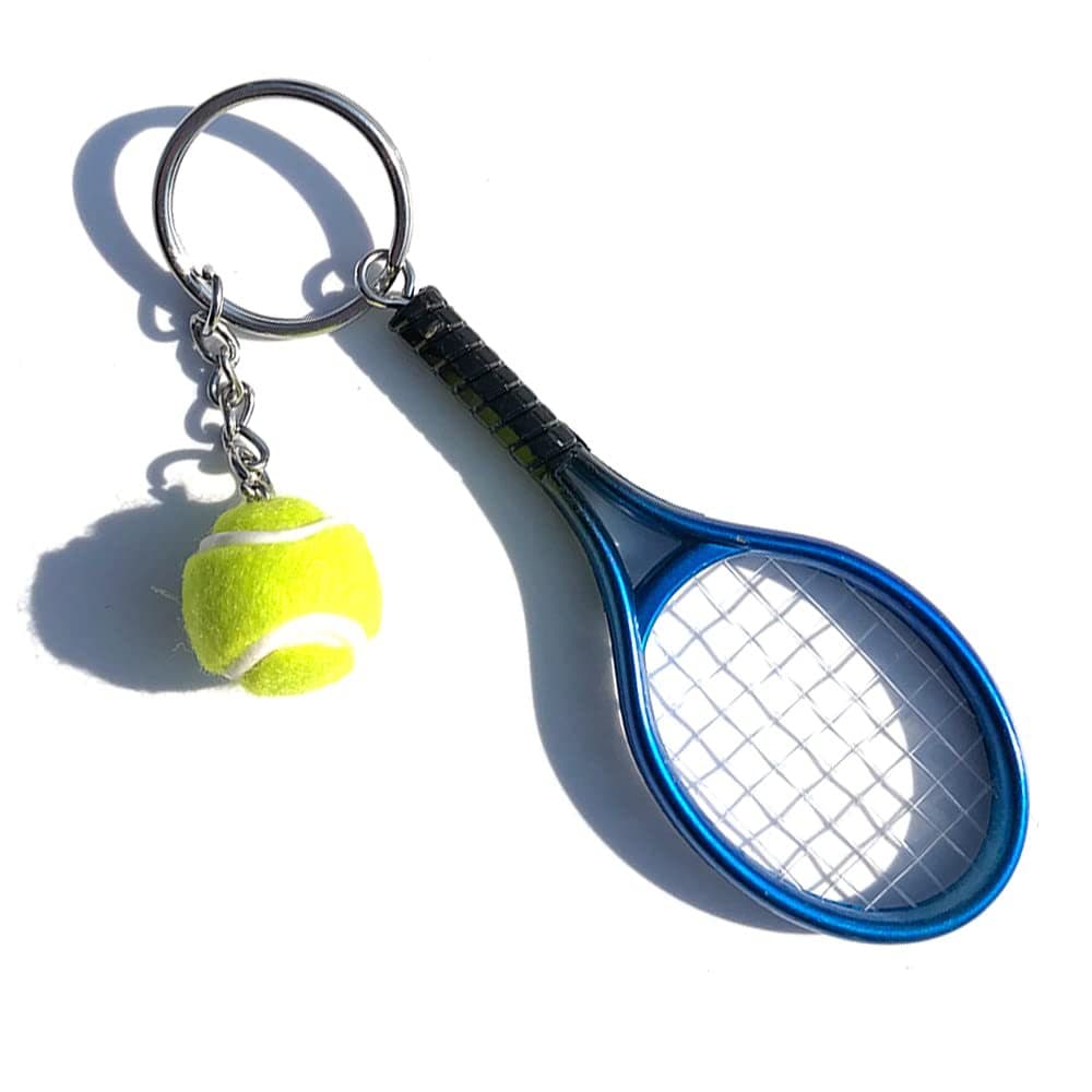 Blue Simulation Tennis Racket Keychain - Mini Tennis Racket and Ball