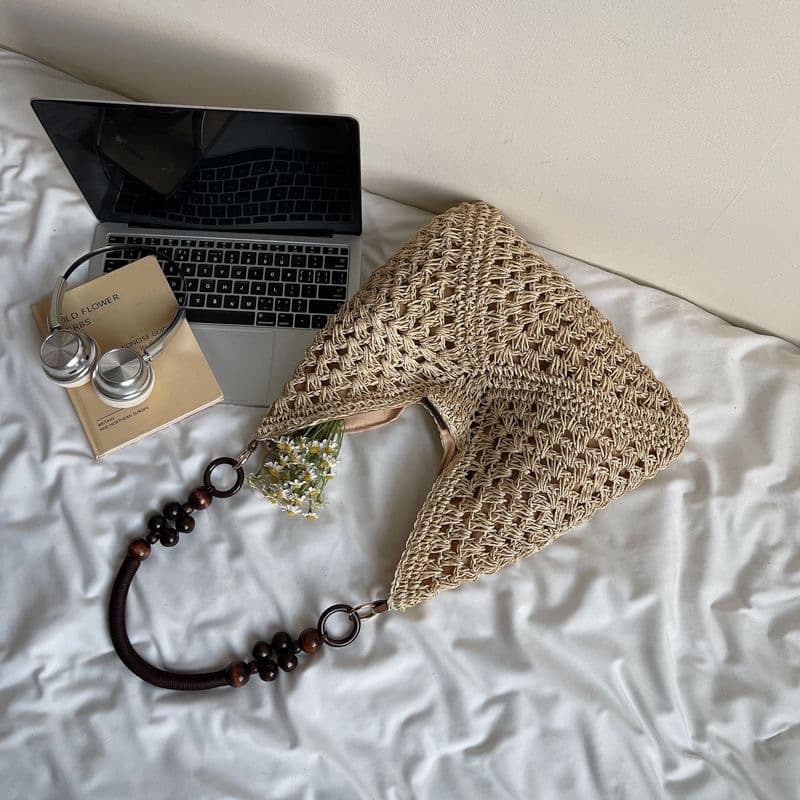 Beige Hand-Woven Paper Rope Bag - Boho Crochet Tote for Summer & Travel