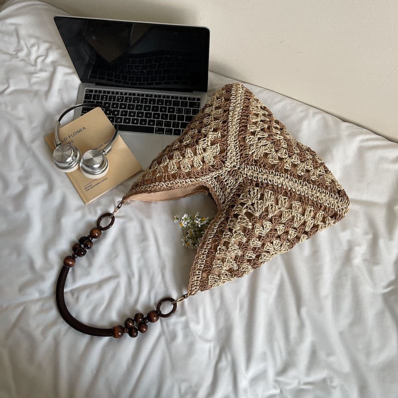 Beige and Brown Hand-Woven Paper Rope Bag - Boho Crochet Tote for Summer